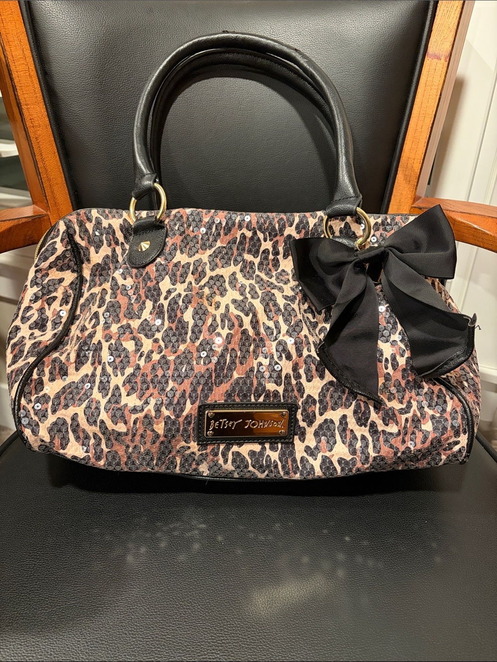 Betsey Johnson Leopard Sequin Bow Satchel